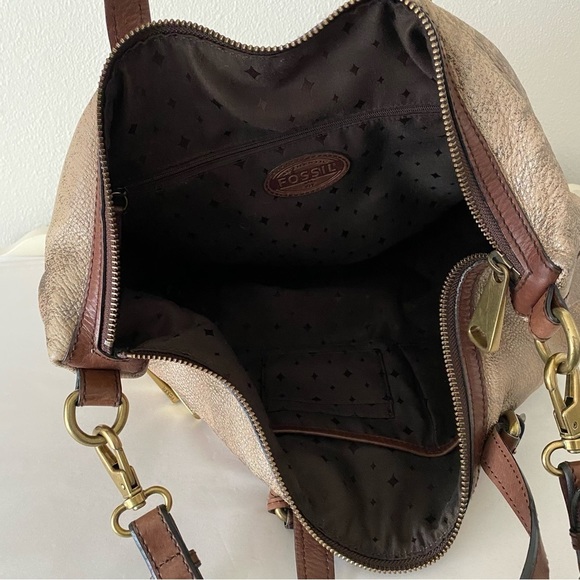 Fossil Explorer Leather Metallic Gold Brown Crossbody Large Satchel Tote Bag - Picture 8 of 8